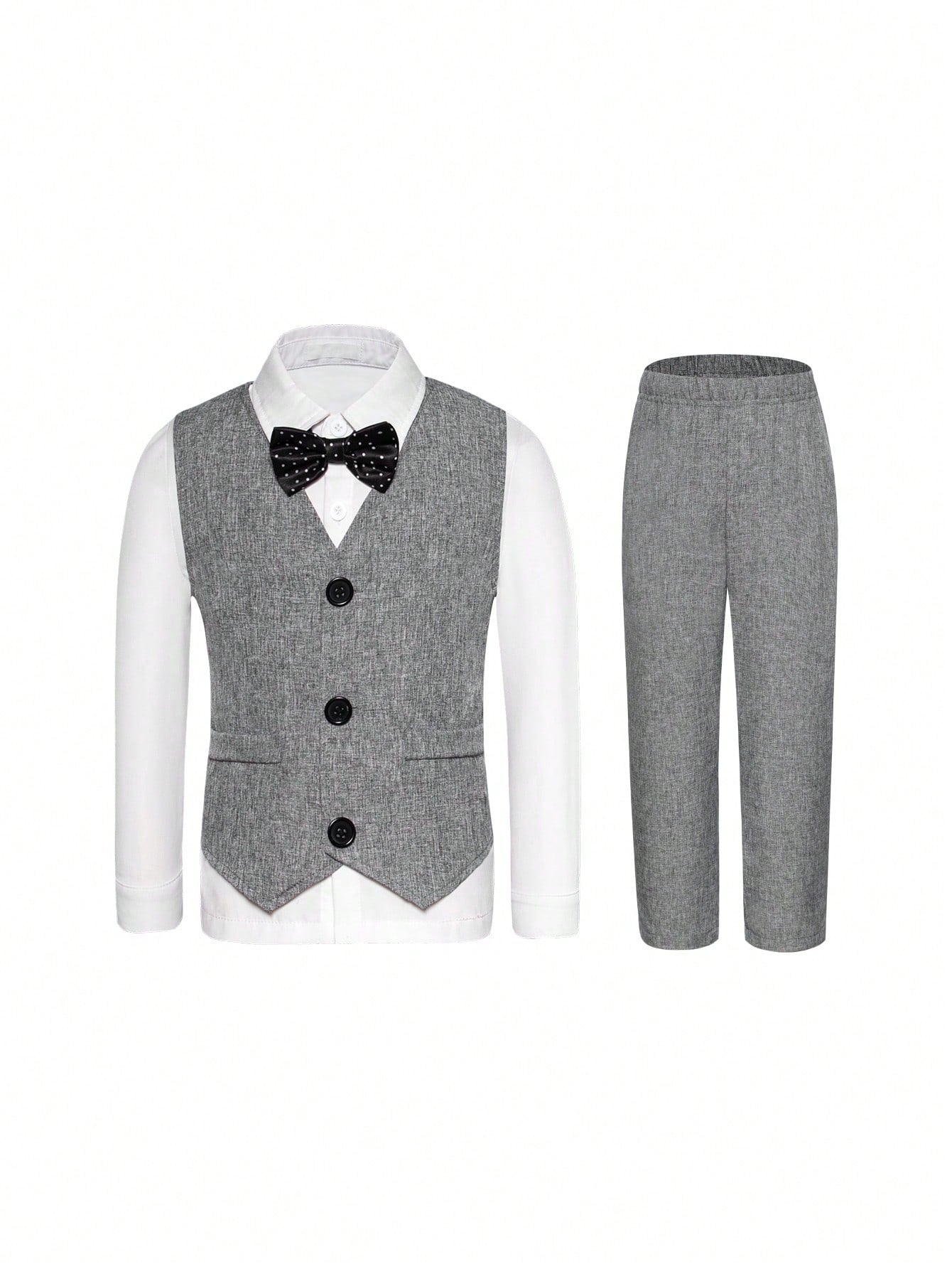 Young Boy's Gentleman Style Two Piece Suit, Solid Color Waistcoat And Pants With Tie, Perfect For Birthday Party, Evening, Wedding, Anniversary