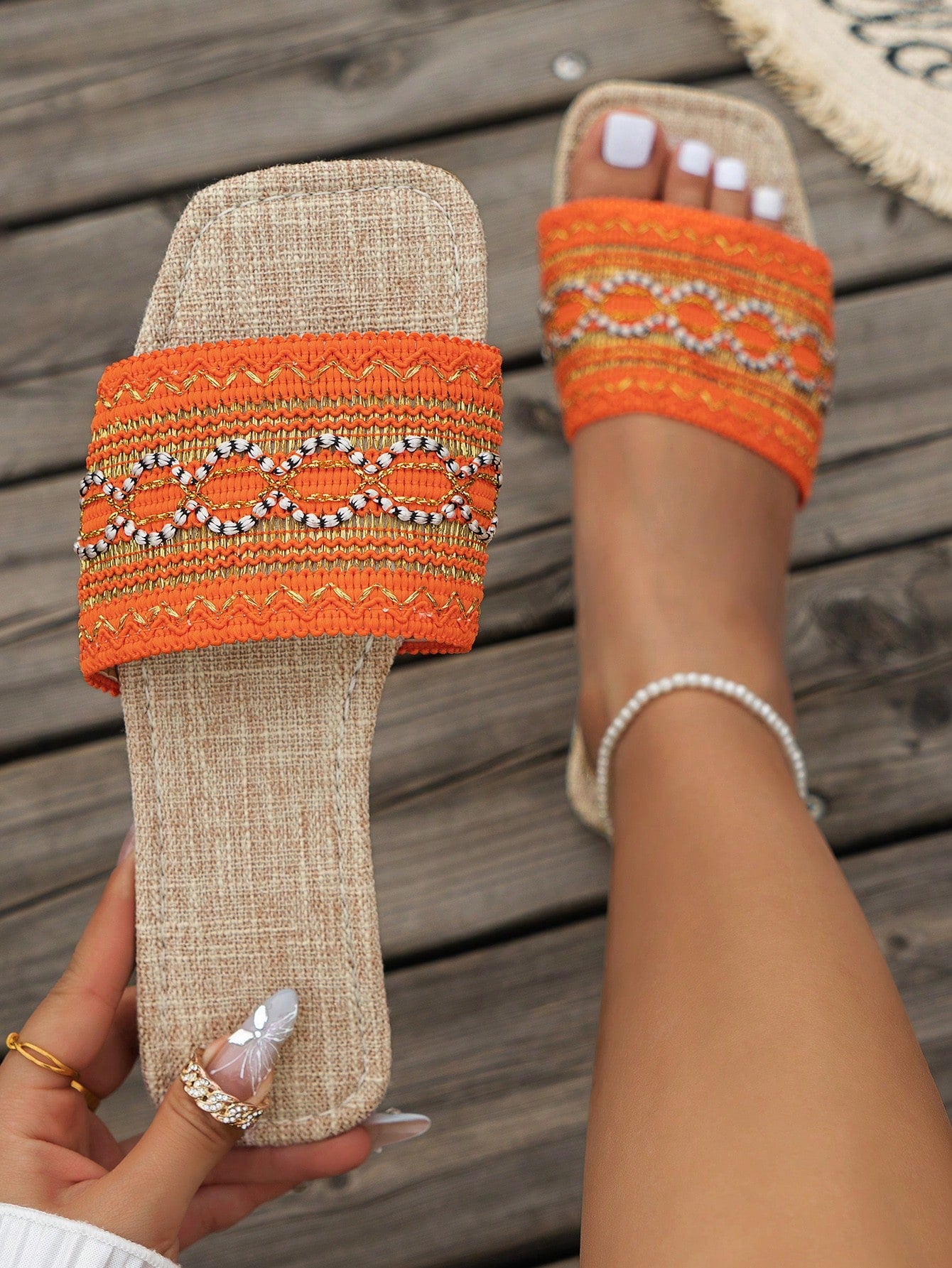 Summer Colorful Embroidery Flat Sandals, Vintage Beaded Flip Flops