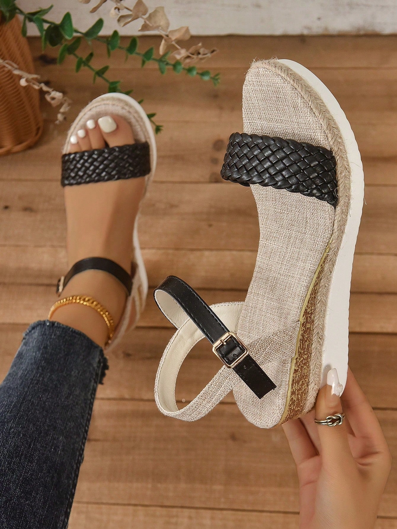 Vacation Ankle Strap Wedge Sandals For Women, Braid Detail Wedge Sandals