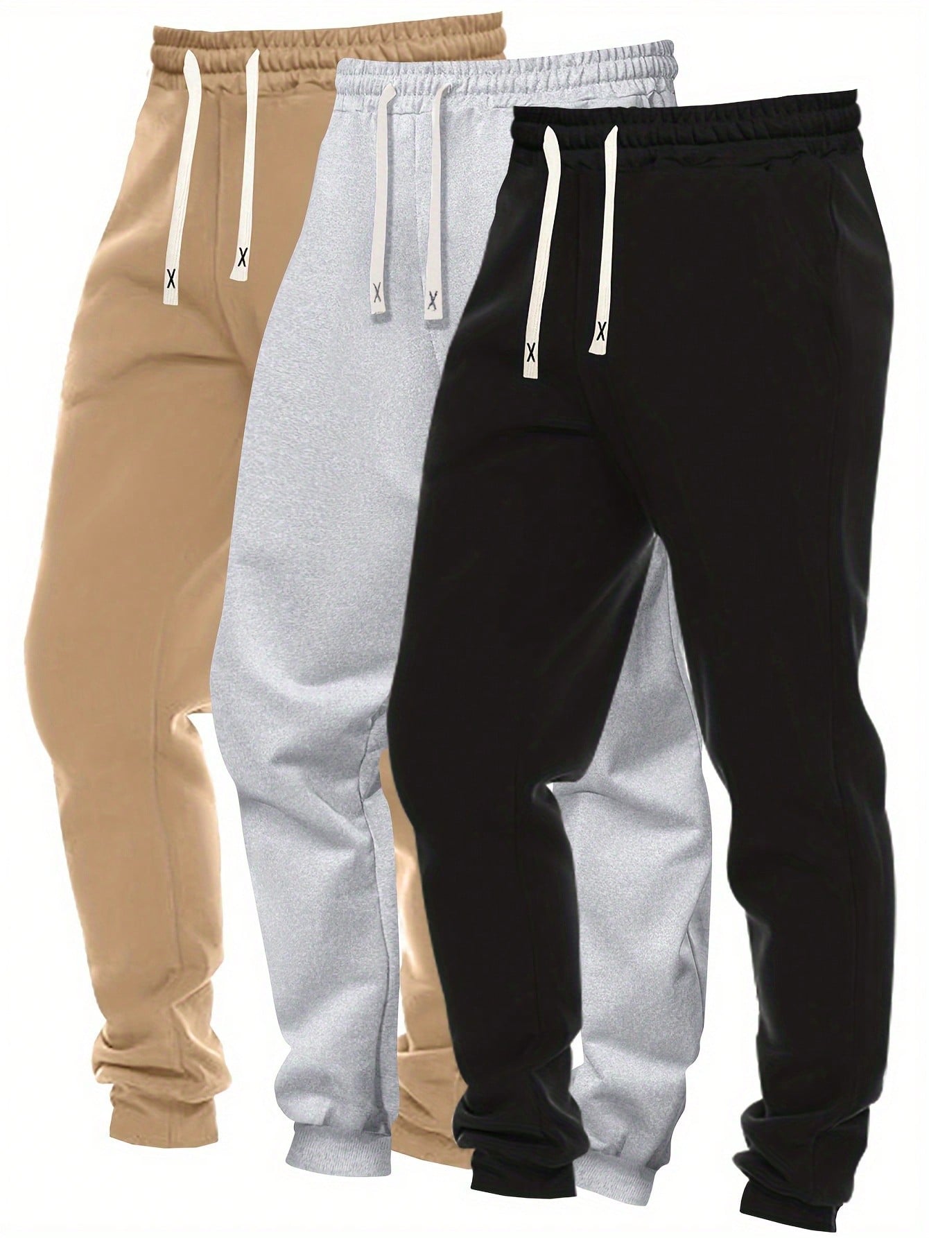 Men's 3pcs Solid Color Drawstring Waist And Tapered Leg Casual Sports Pants For Spring And Autumn