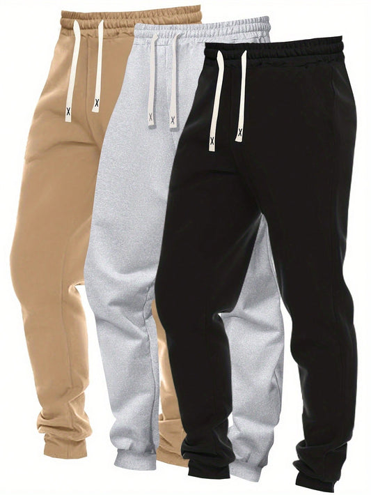 Men's 3pcs Solid Color Drawstring Waist And Tapered Leg Casual Sports Pants For Spring And Autumn