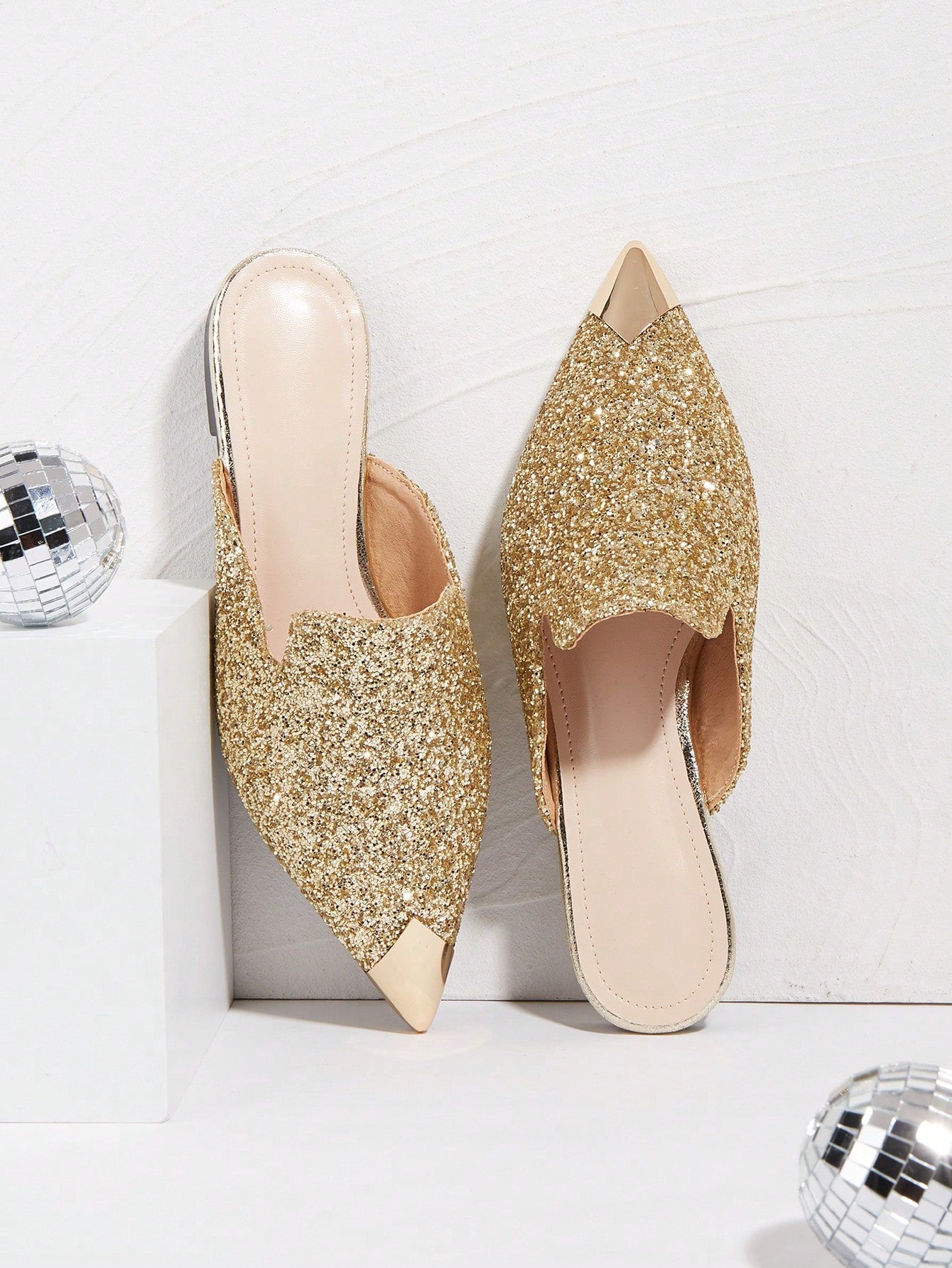 Metallic Detail Point Toe Flat Mules