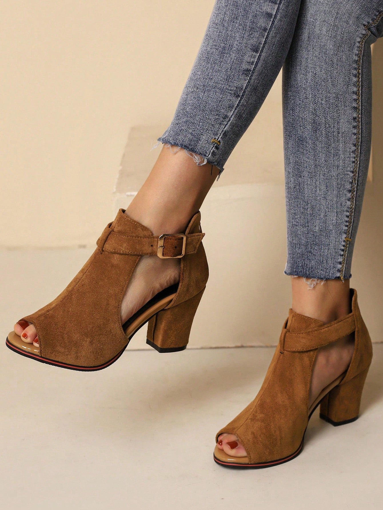 Brown High-Heeled Shoes With Belt Buckle, Suede Material Sandals Booties, High-Top Four Seasons Style Open Toe