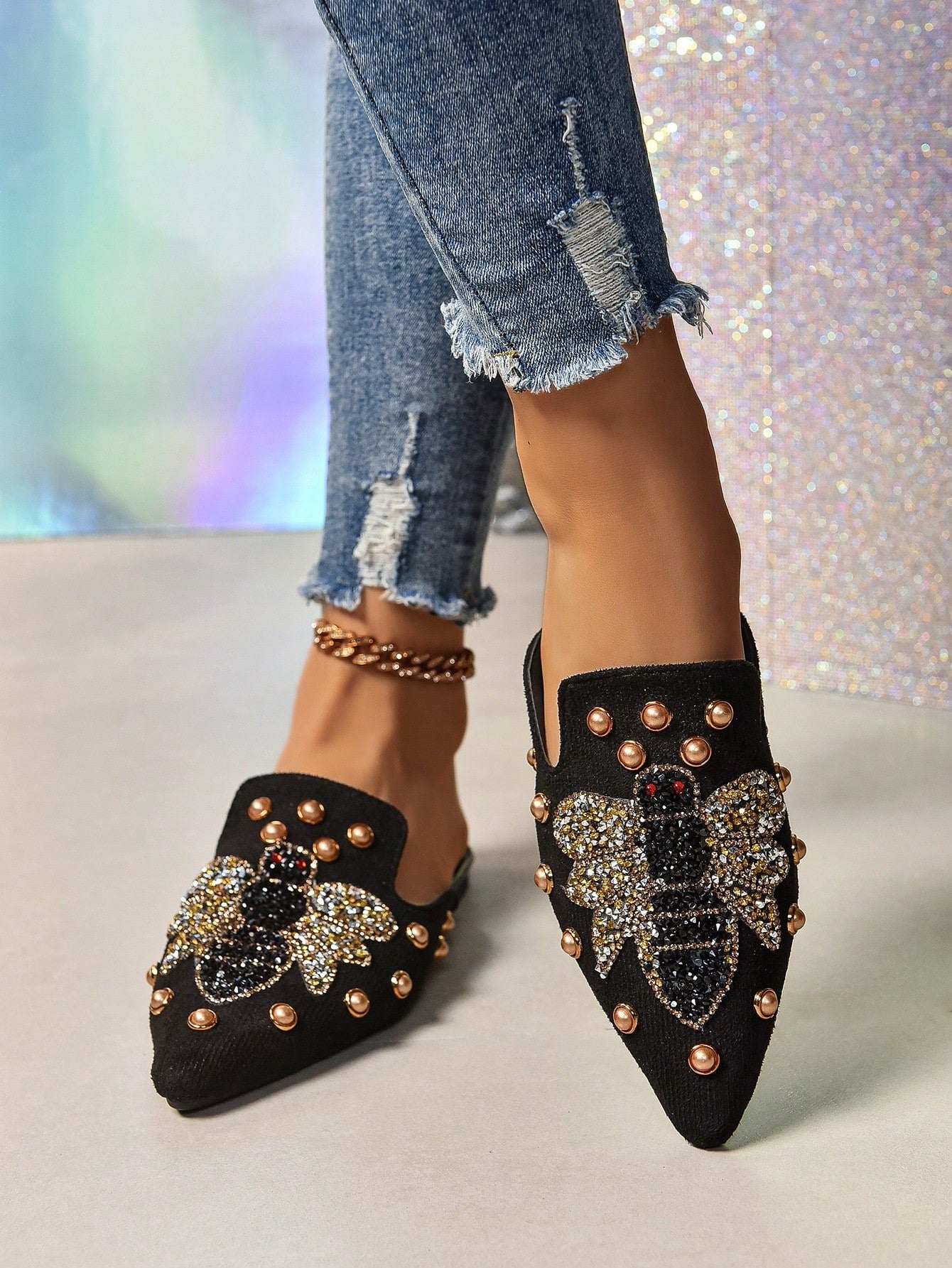 New Arrival Women's Rhinestone-Like Animal Decorated Fashionable Casual Mule Flat Shoes