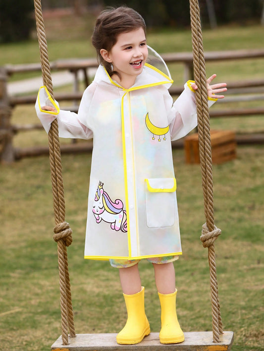 Girls' Lovely Yellow Transparent Raincoat With Unicorn And Moon Print For All Seasons