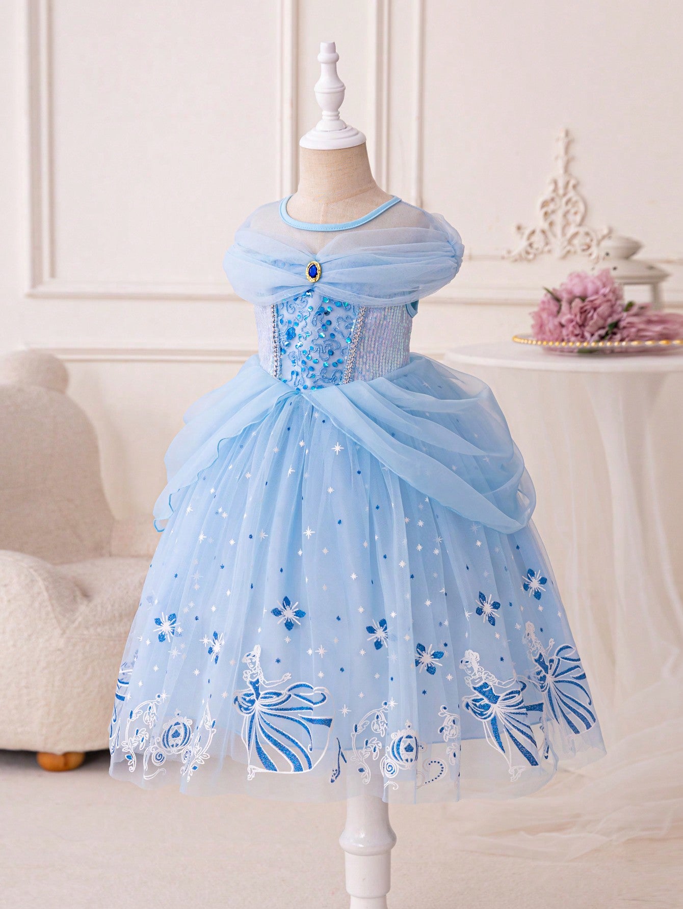 Blossomsprite Kids Young Girl Gorgeous Blue Sequin And Net Yarn Princess Dress For Birthday Party, Wedding And Festival