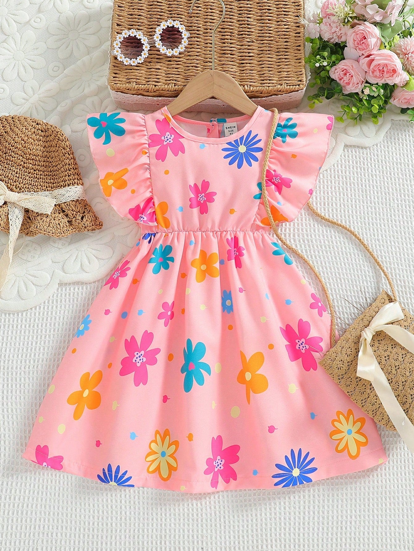 Young Girls' Floral Printed Dress With Ruffle Hem