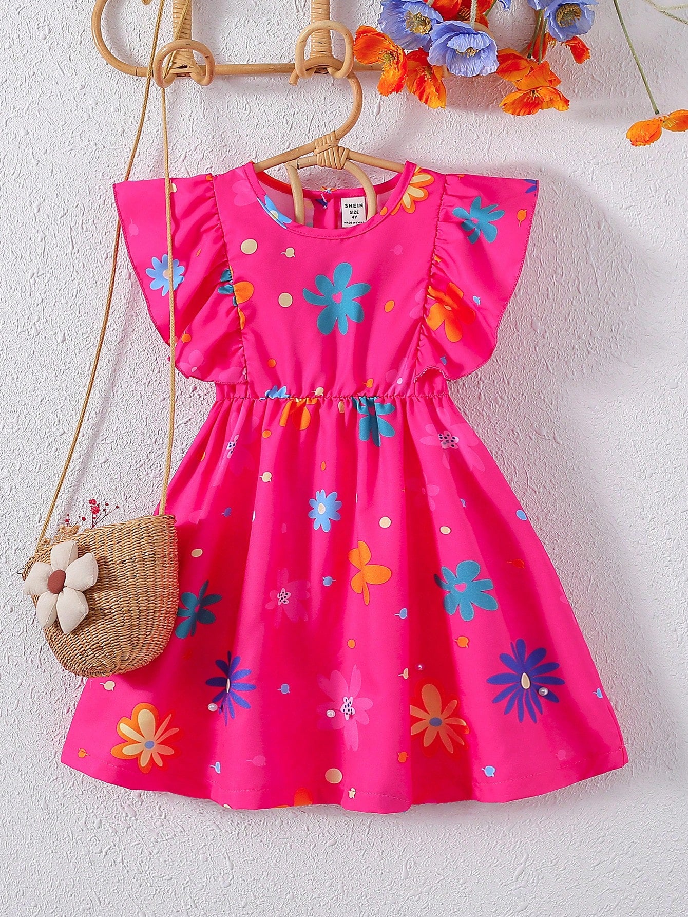 Young Girls' Floral Printed Dress With Ruffle Hem