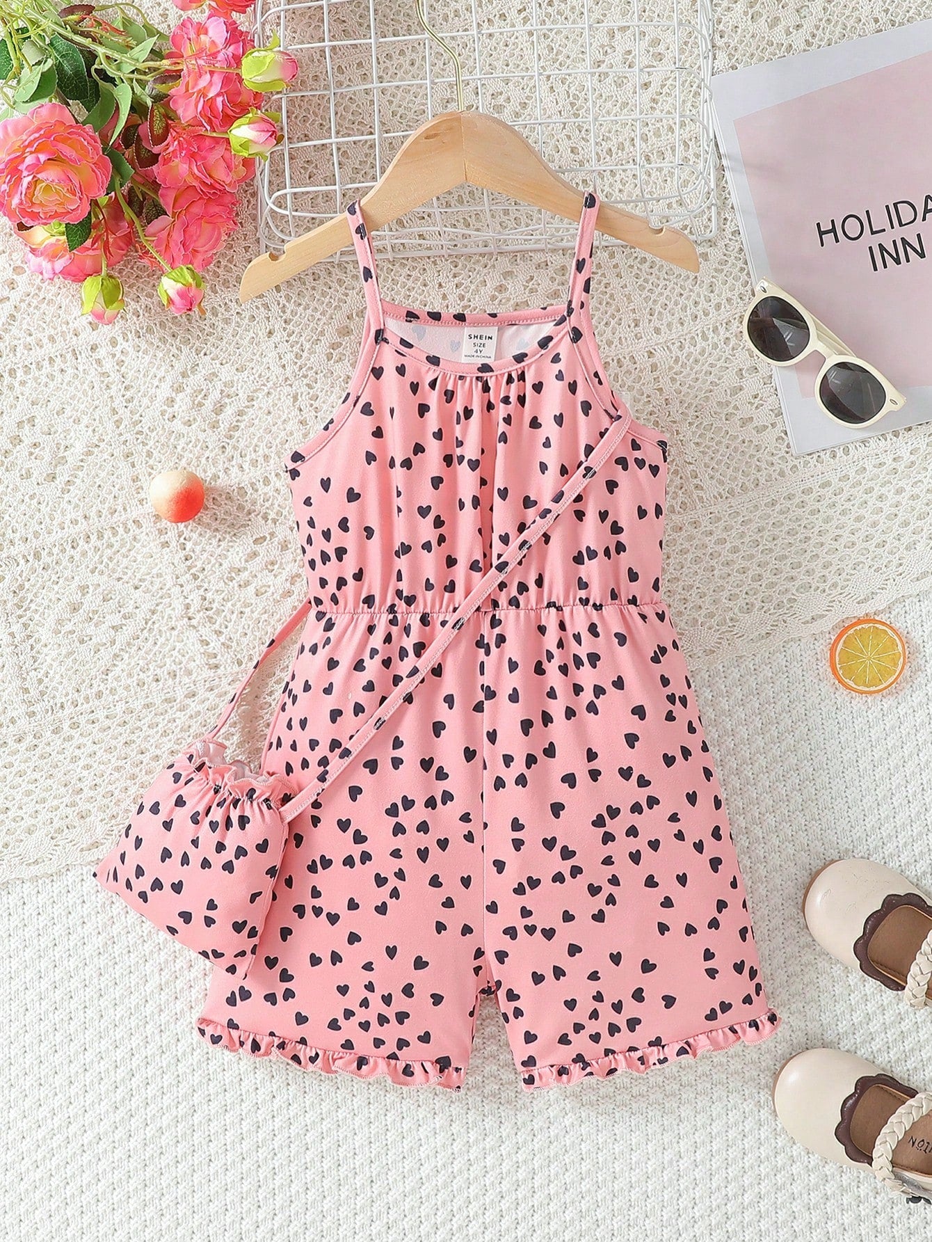 Young Girl New Heart Printed Sleeveless Jumpsuit With Elastic Waist And Spaghetti Straps