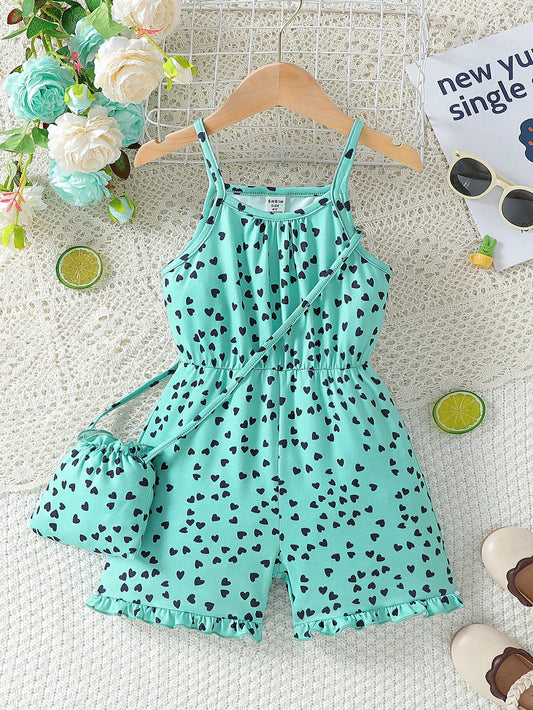 Young Girl New Heart Printed Sleeveless Jumpsuit With Elastic Waist And Spaghetti Straps