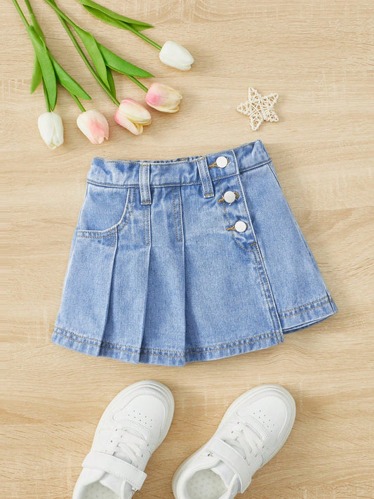 Young Girl Fashionable Fold Pleated Denim Skort