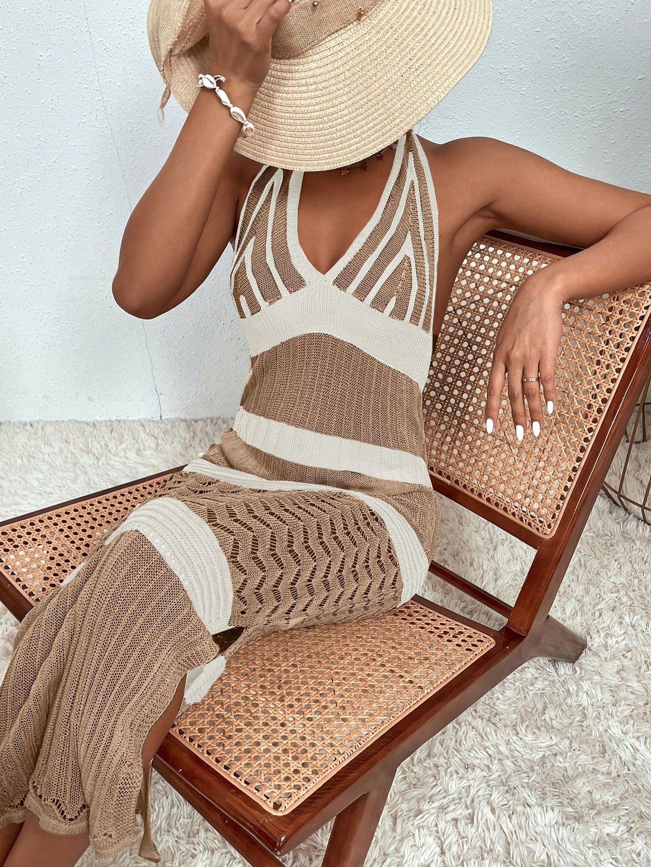 Swim Summer Beach Color Block Slit Knitted Cover Up