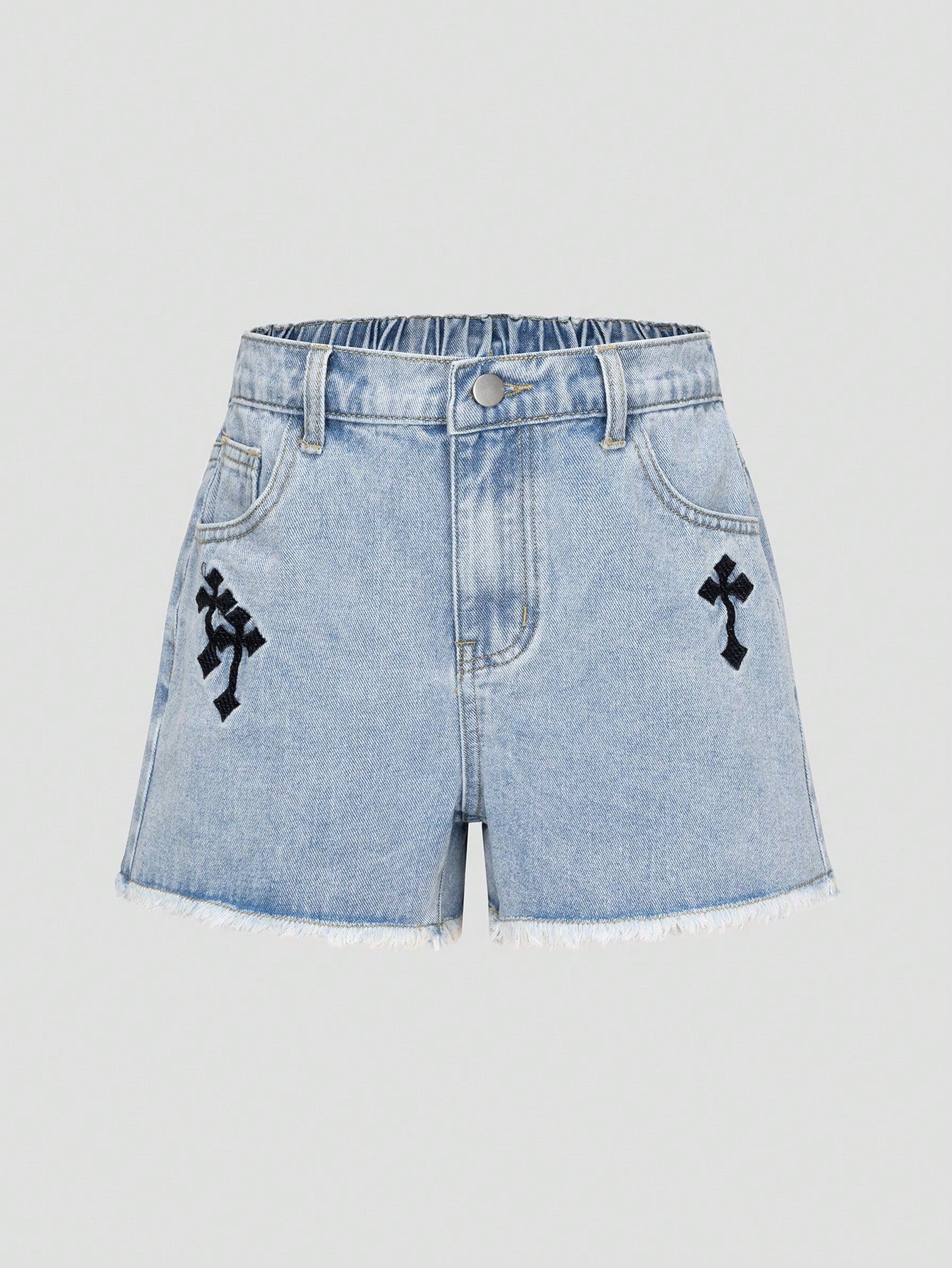 Medium Wash Embroidered Fringed Denim Shorts For Teenage Girls