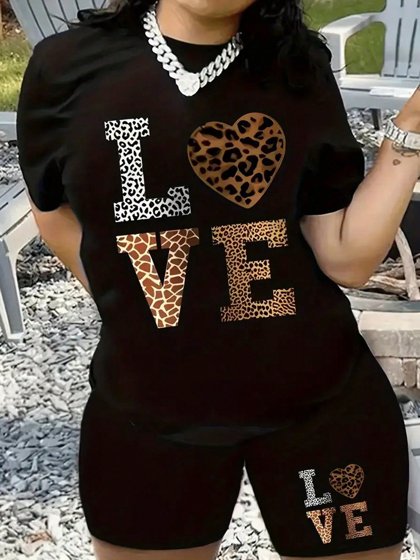 Plus Size Summer Casual Leopard Heart & Letter Printed Short Sleeve T-Shirt And Shorts Set