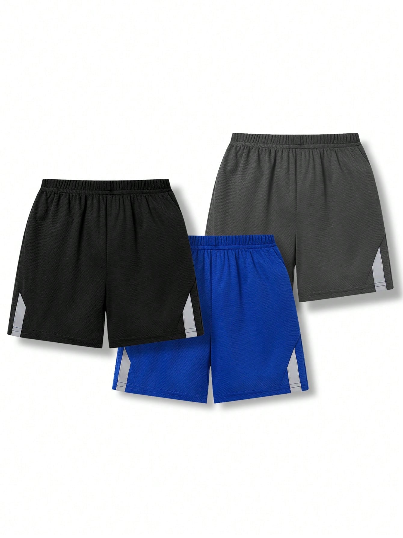 3pcs Teen Boy Casual Color-Block Reflective Tape Shorts Set, Black/Grey/Blue, For Sports & Home