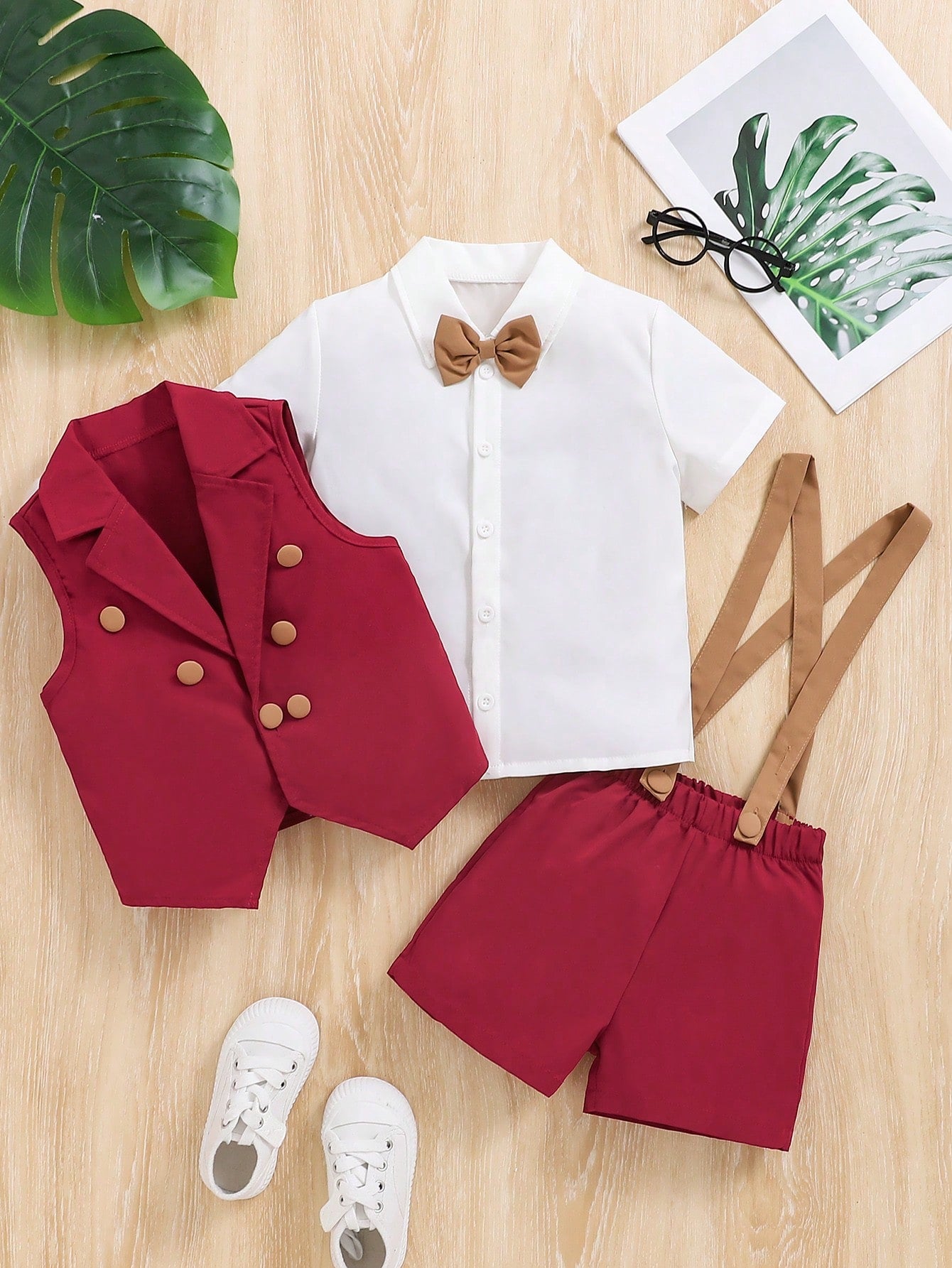 Young Boy Bow Front Shirt & Vest Blazer & Suspender Shorts