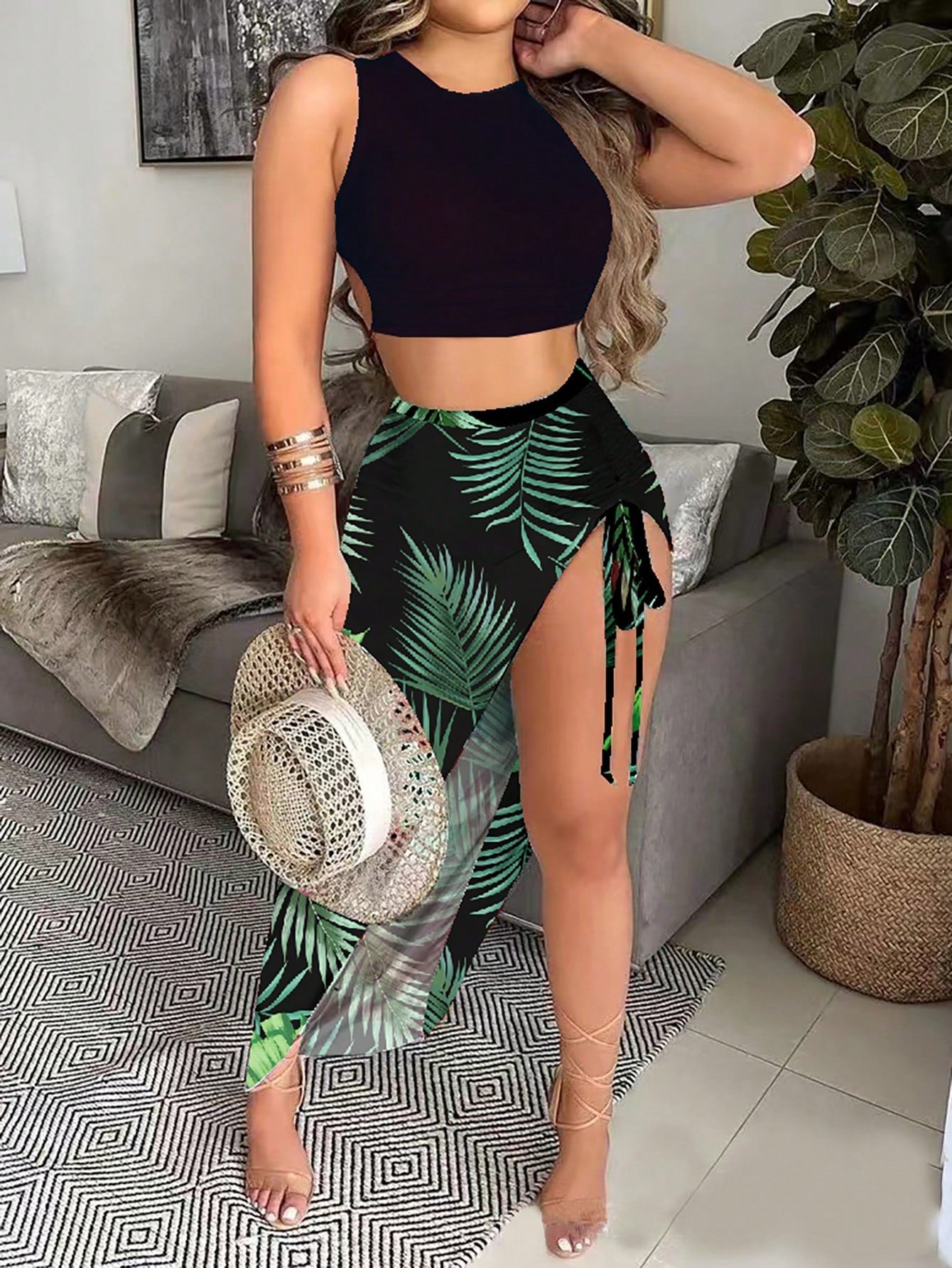 Solid Color Round Neck Hollow Out Pleated Tank Top And Floral Print Slit Skirt