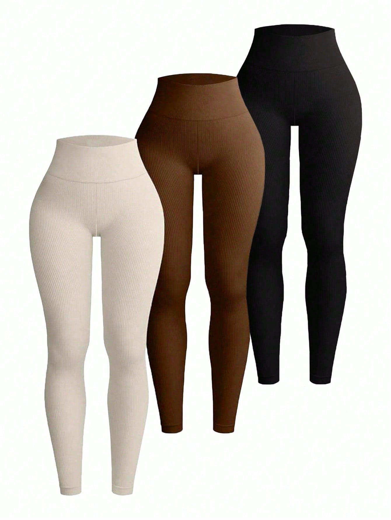 Plus Size Solid Color Wide Waistband Casual Leggings Set Of 3