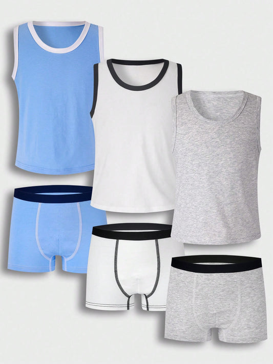 Young Boy Round Neck Sleeveless Underwear With Hemmed Sleeves