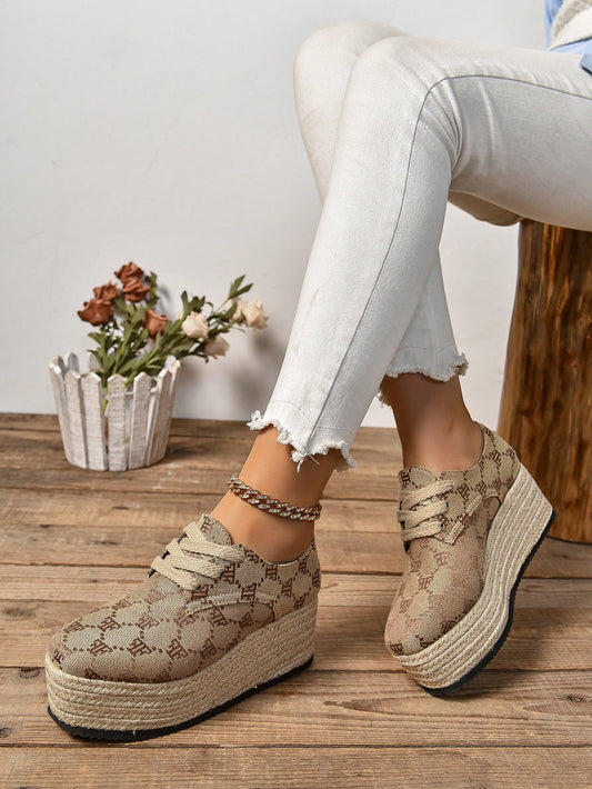 Women's Fashionable Casual Canvas Shoes With Lace-Up, Jute Wedge Sole, Platform And Thick Bottom