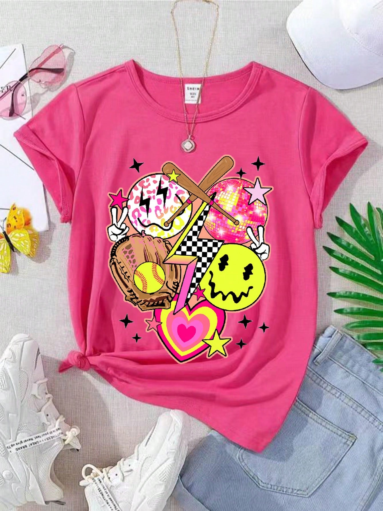 Tween Girl Music Festival Party Face Baseball, Light Bulb Print Y2k Heart Swag Cool T-Shirt