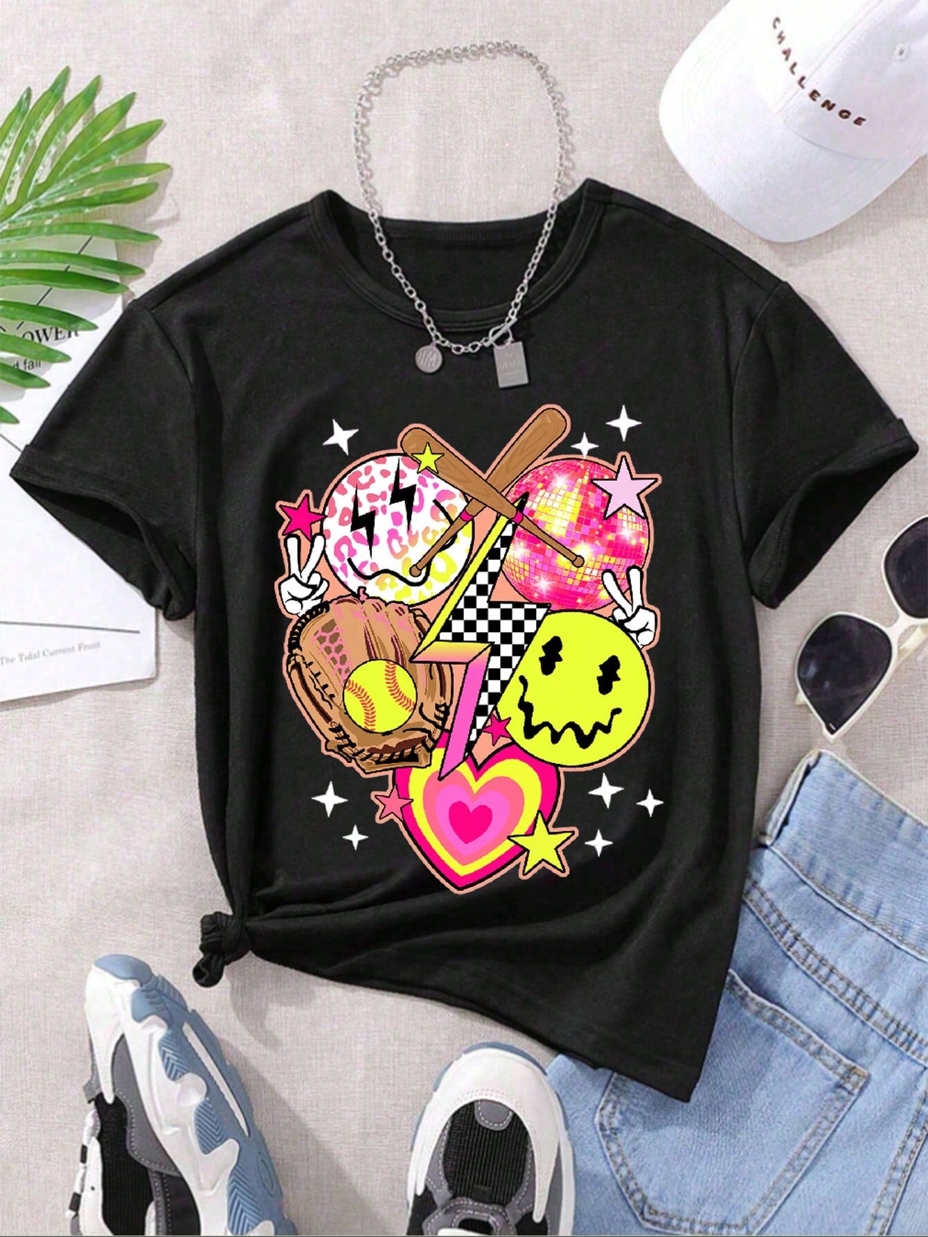 Tween Girl Music Festival Party Face Baseball, Light Bulb Print Y2k Heart Swag Cool T-Shirt