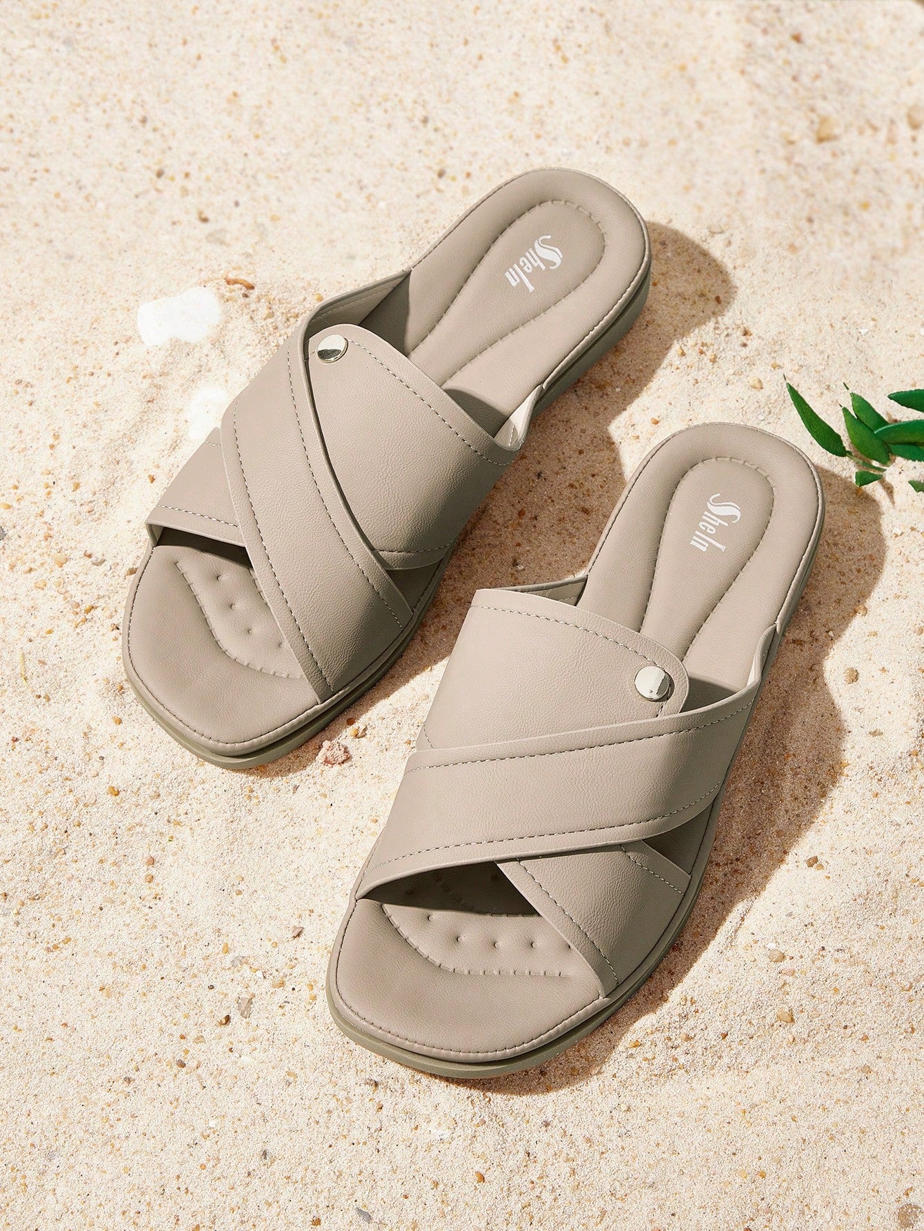 Styleloop Metal Decor Cross Strap Slide Sandals For Summer Vacation Shoes Summer Sale  Back To School Shoes College Student Shoes Boho Feels Vintage Cottagecore Frenchy Shoes Halloween