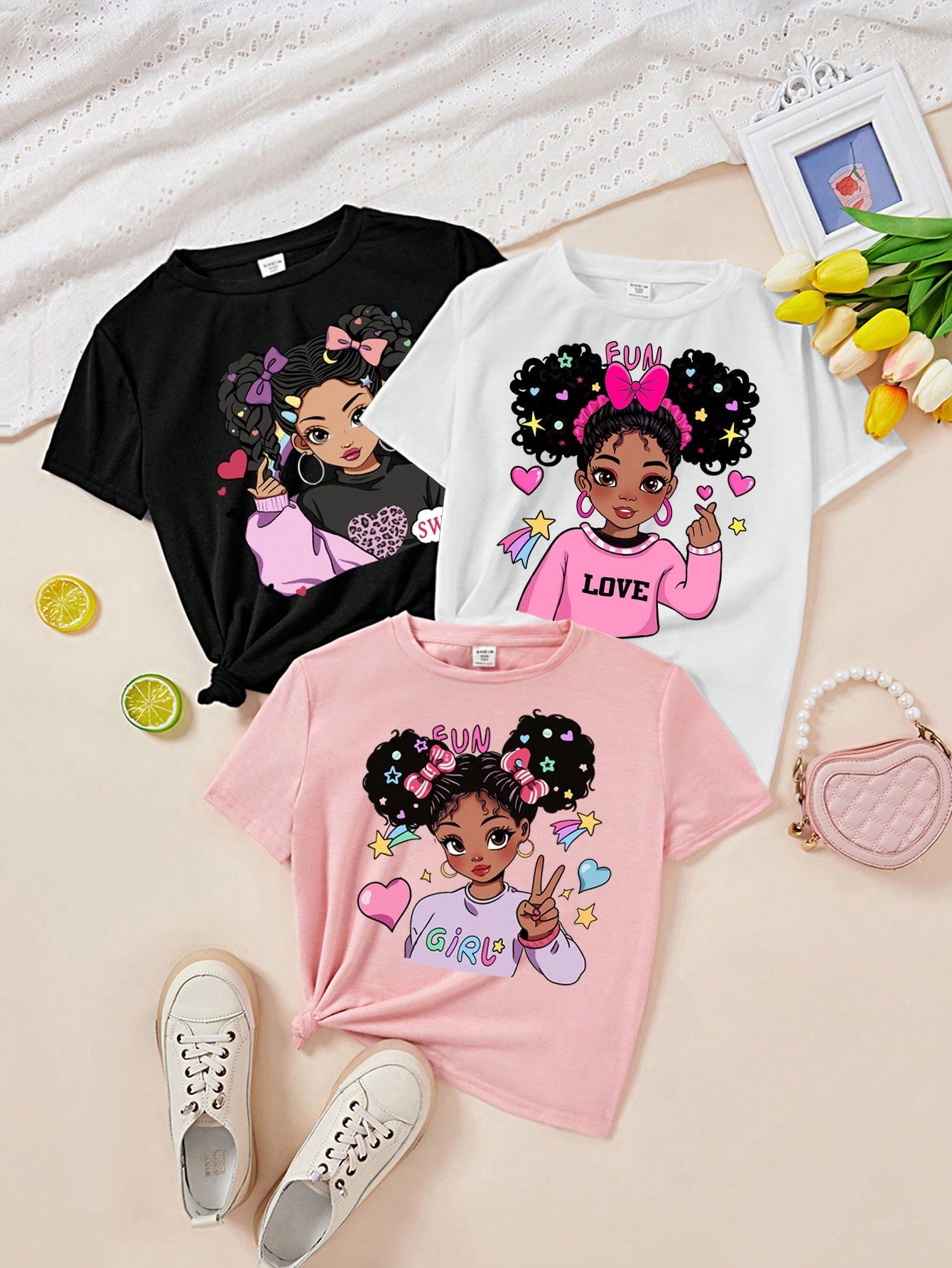 Multipack Casual Simple Cartoon Pattern T-Shirts For Tween Girls, Suitable For Summer