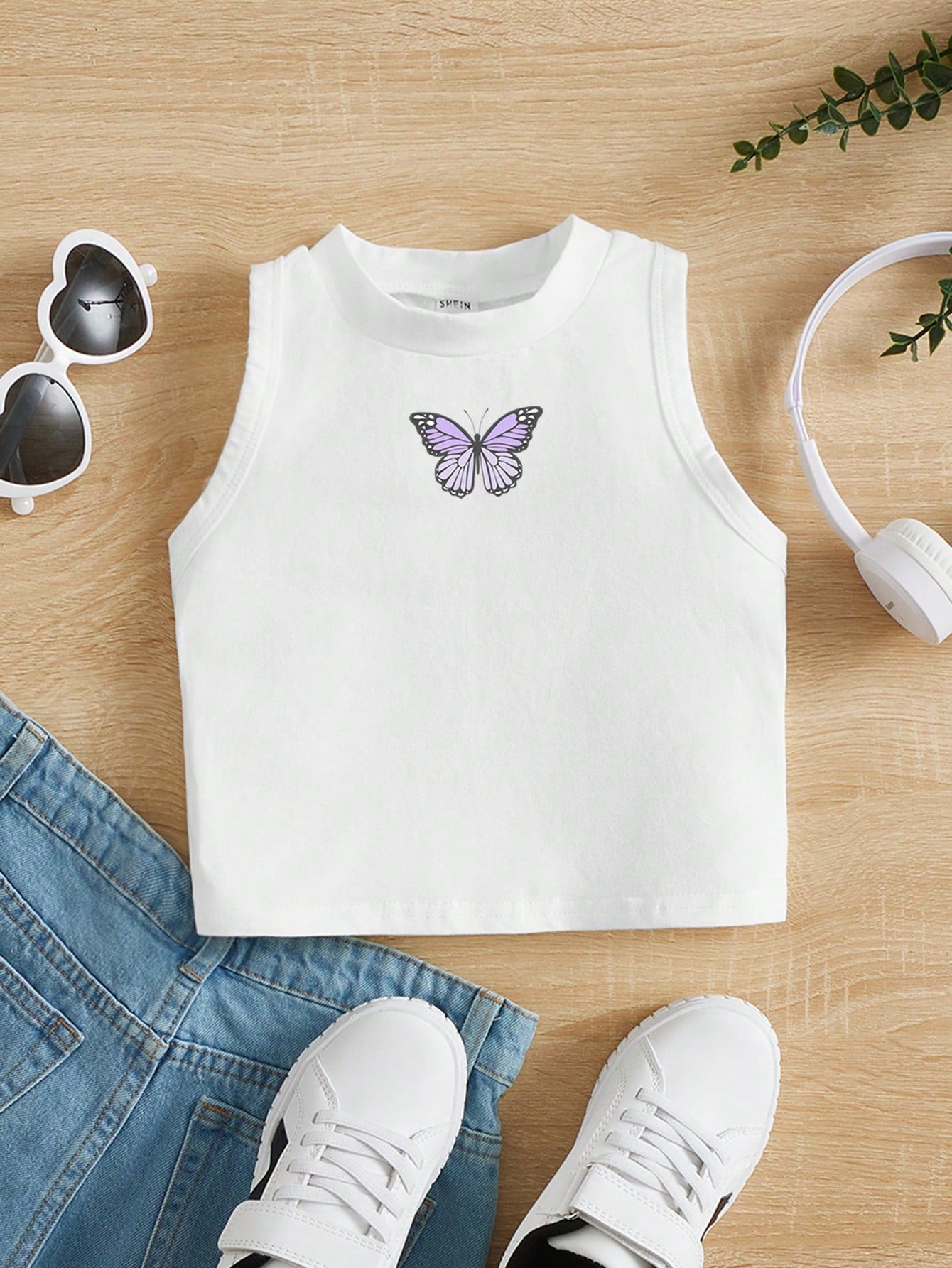 Young Girls' Sleeveless Round Neck Butterfly Print Tank Top Suitable For Spring/Summer