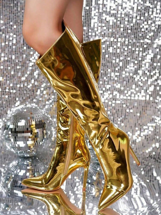 Women Metallic Knee High Boots Stiletto High Heels Pointed Toe Luxury Sexy Party Nightclub Shoes For Woman