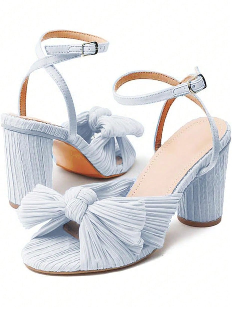 Elegant Wedding Bowknot Pleated Chunky High Heeled Women Sandals Ankle Strap Dressy Open Toe Pump Summer Woman Shoes