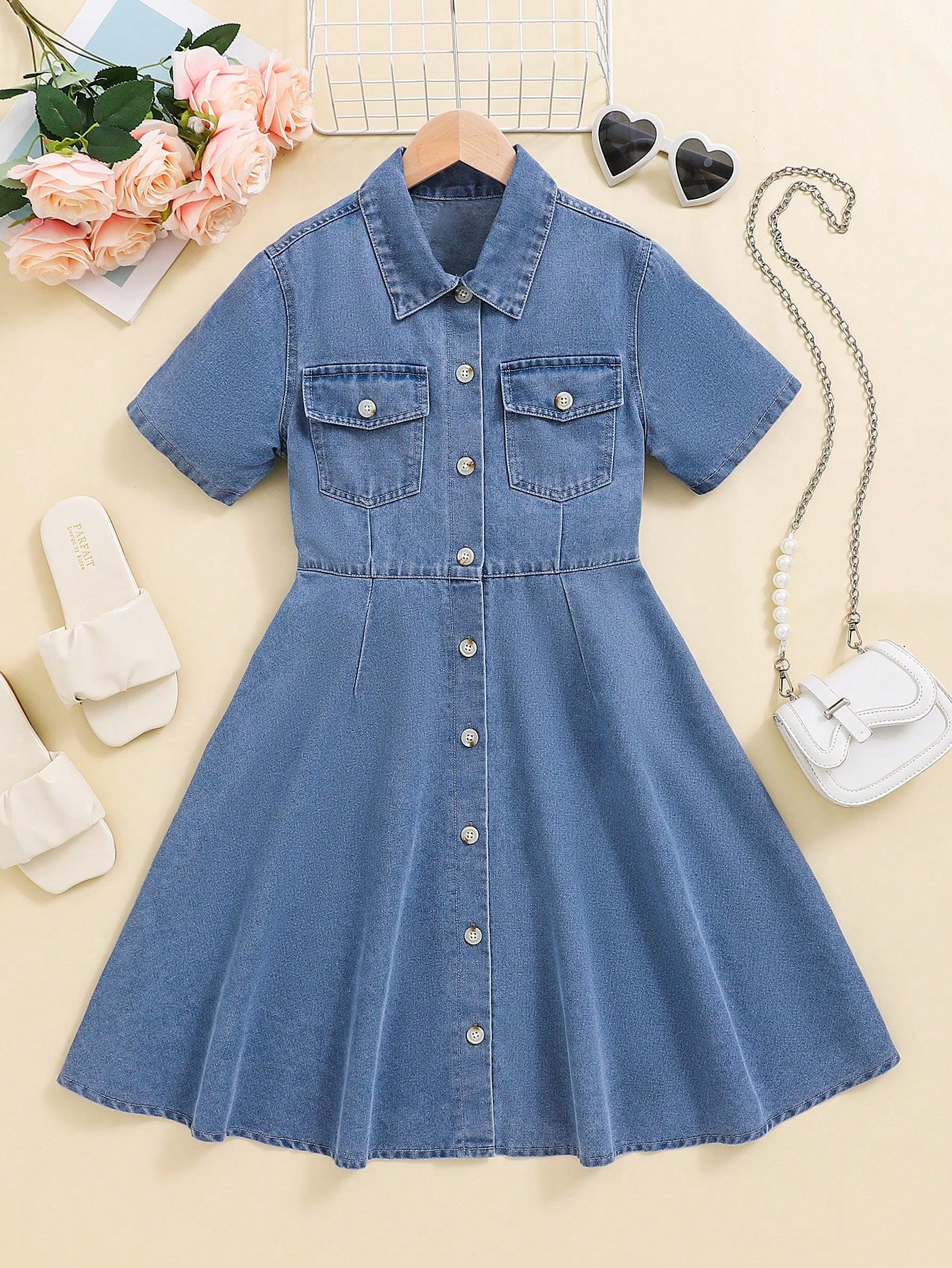 Tween Girl's Casual College Style Light Blue Washed Denim Shirt Dress With Lapel Collar