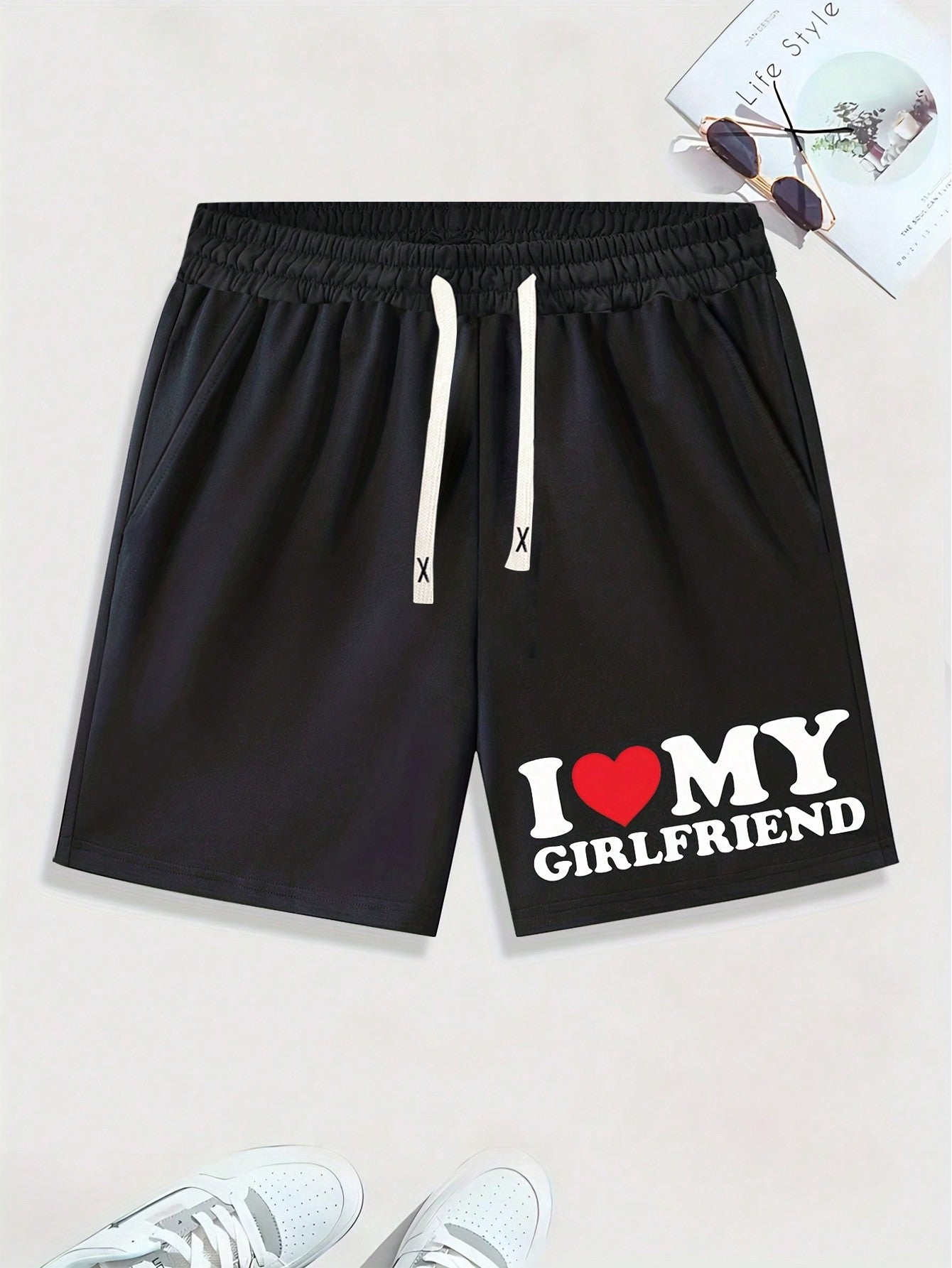 Men's Summer Trendy Heart & Letter Printed Drawstring Waist Shorts