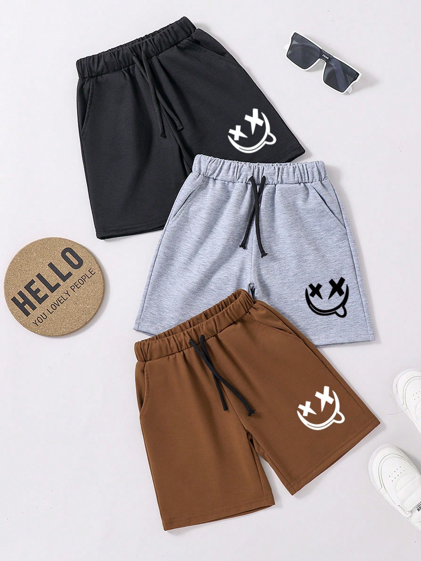 3pcs/Set Young Boy Cartoon Printed Elastic Waist Drawstring Slant Pocket Athletic Shorts