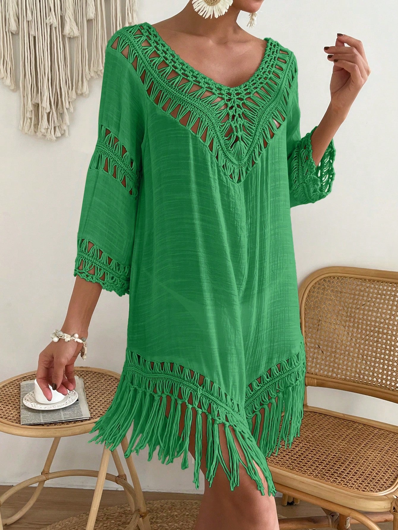 Swim Fringe Hem Crochet Cover Up Dress,Summer Beach