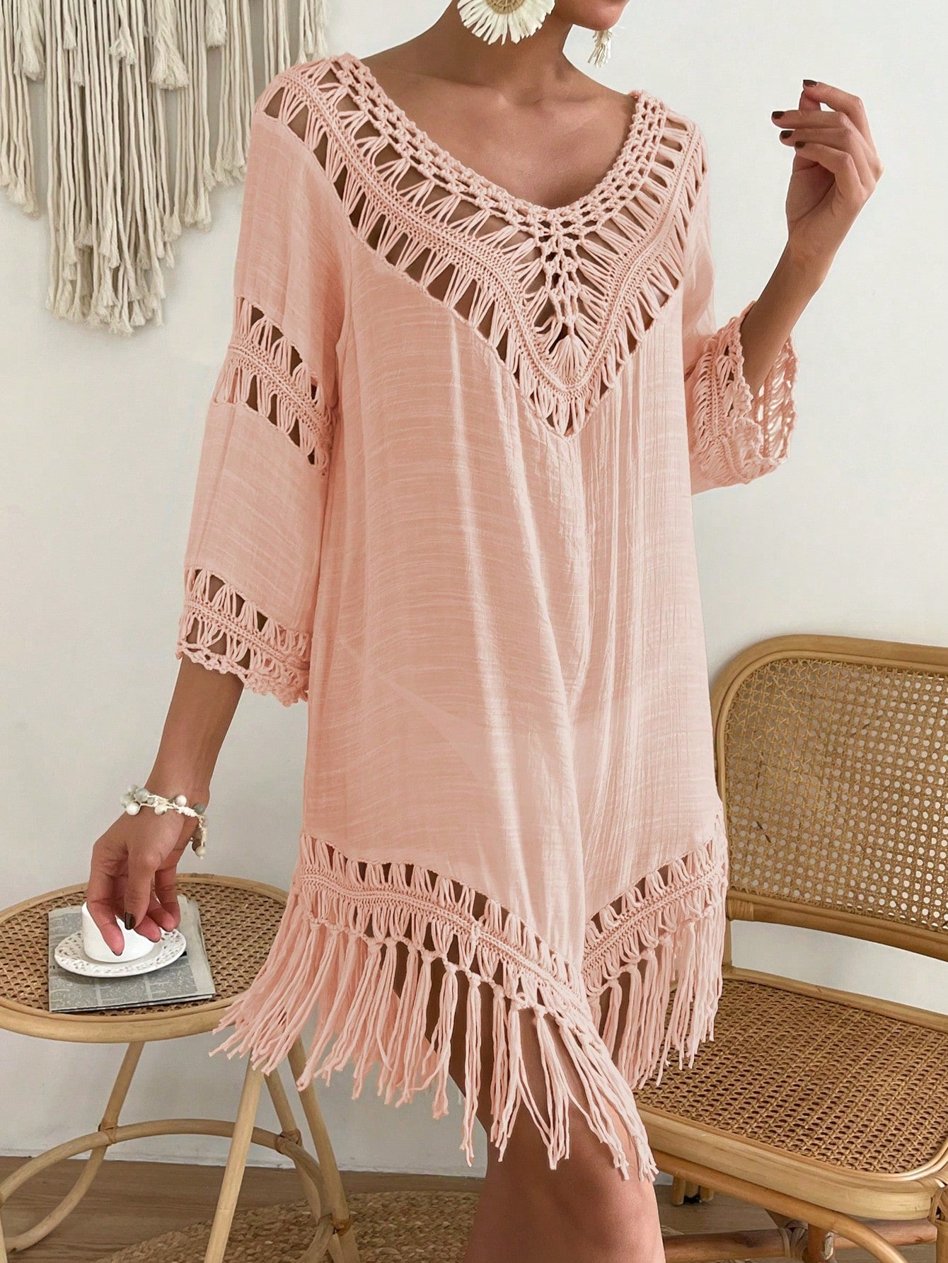 Swim Fringe Hem Crochet Cover Up Dress,Summer Beach