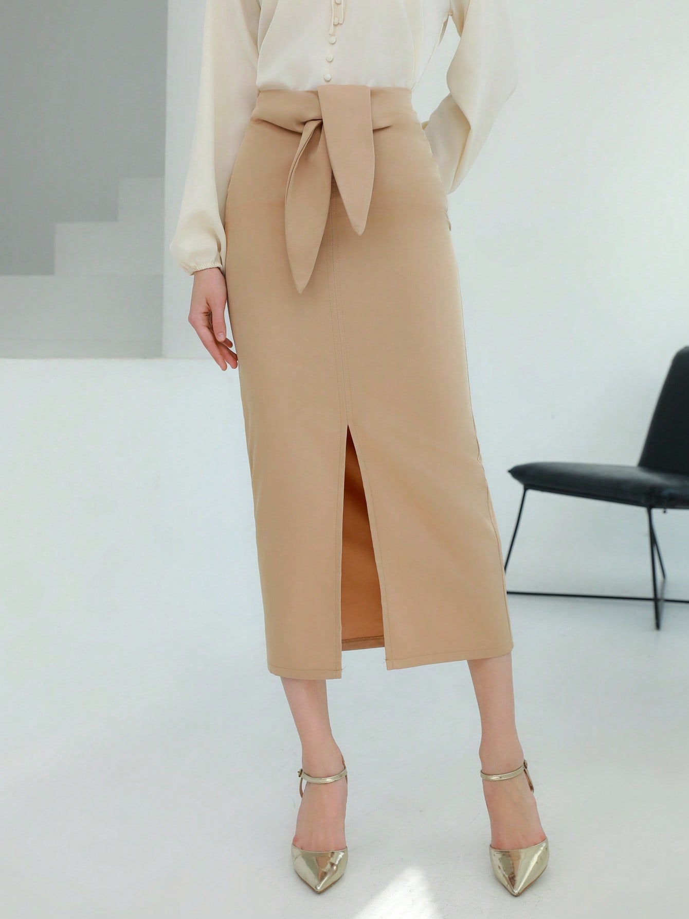 Fashionable Commute Style Long Women's Skirt With Waist Knot Detail And Slit