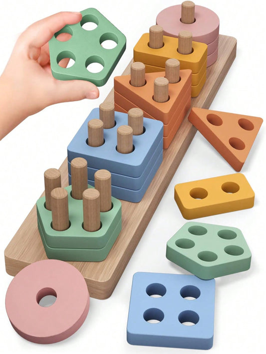 Wooden Geometric Shape Stacking Sorting Block, Colorful 5 Sets, Montessori Early Learning Matching Cognitive Toys For Toddlers Aged 3+