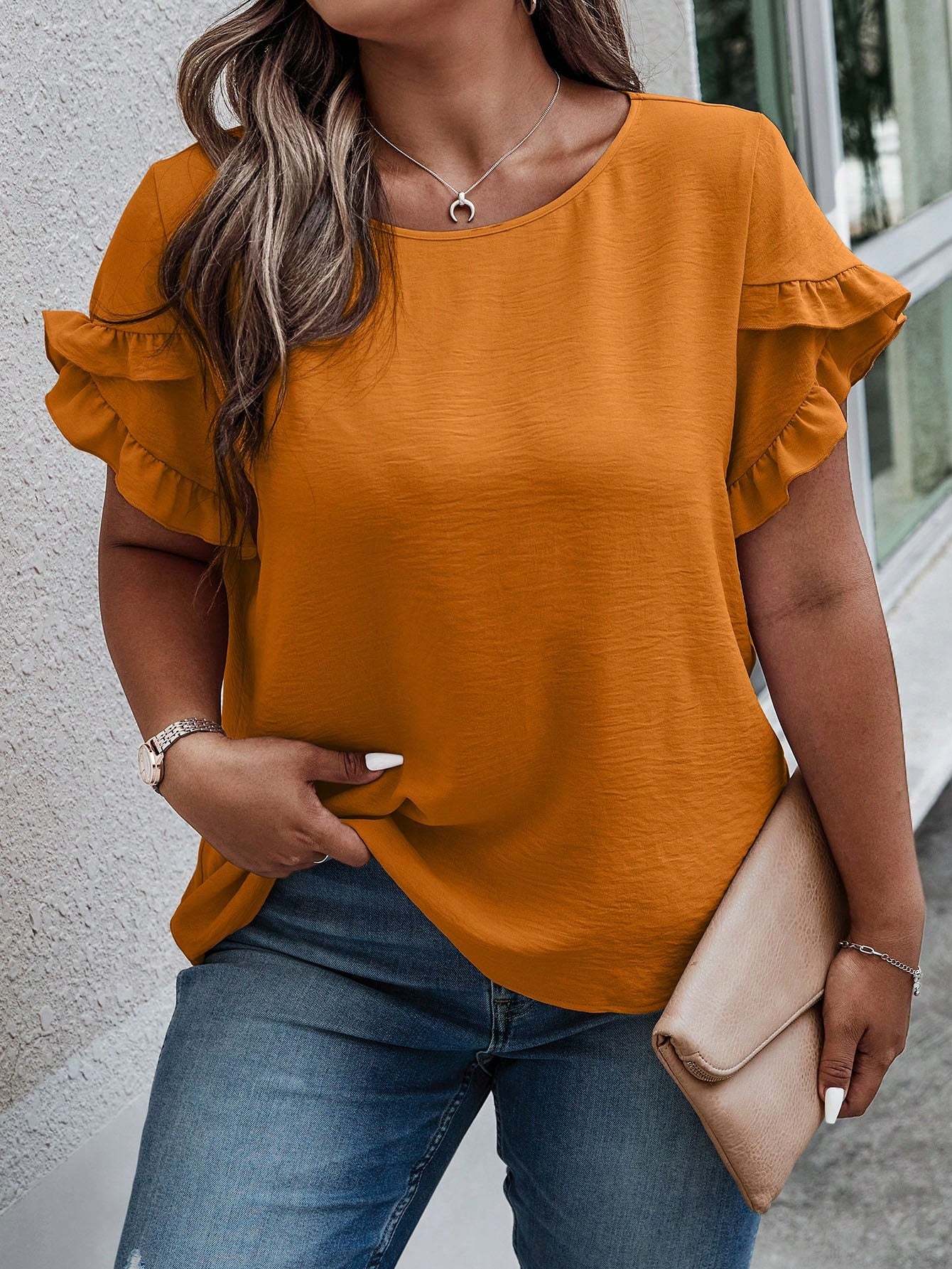 Plus Solid Ruffle Trim Blouse