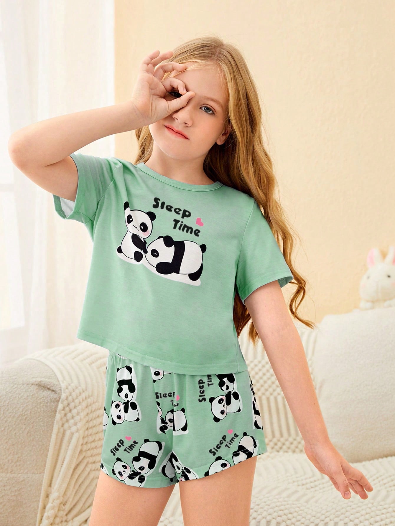 Tween Girl Panda & Slogan Graphic Tee & Shorts