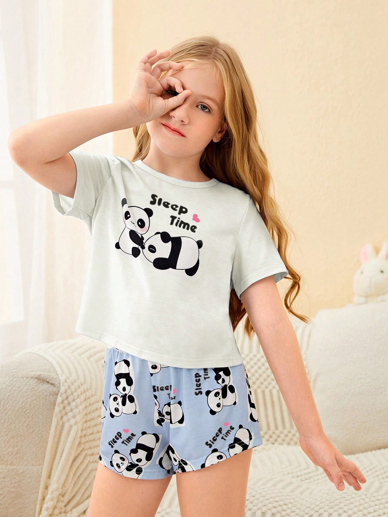 Tween Girl Panda & Slogan Graphic Tee & Shorts