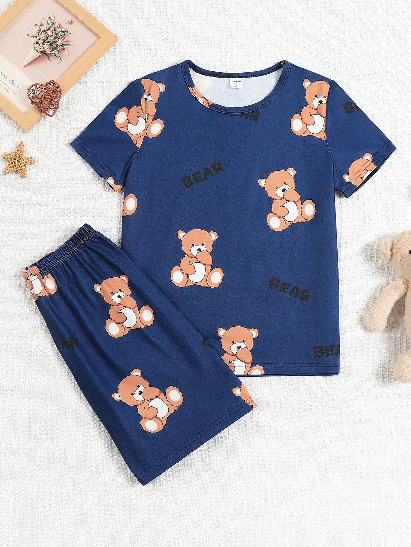 2pcs/Set Tween Boy Sleepwear Set With Bear & Letter Print Short Sleeve T-Shirt And Shorts