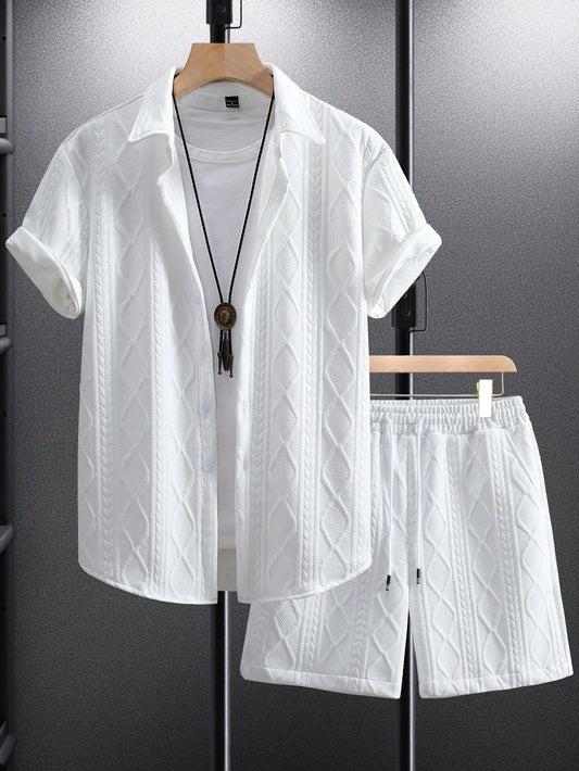 Men's Fashionable Summer Solid Color Short Sleeve Shirt And Shorts Set