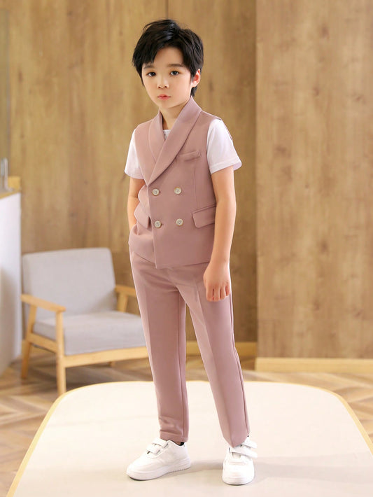 Young Boy Gentleman Style Suit Vest With Mandarin Collar, Pants And Bow Tie Set, Spring/Summer