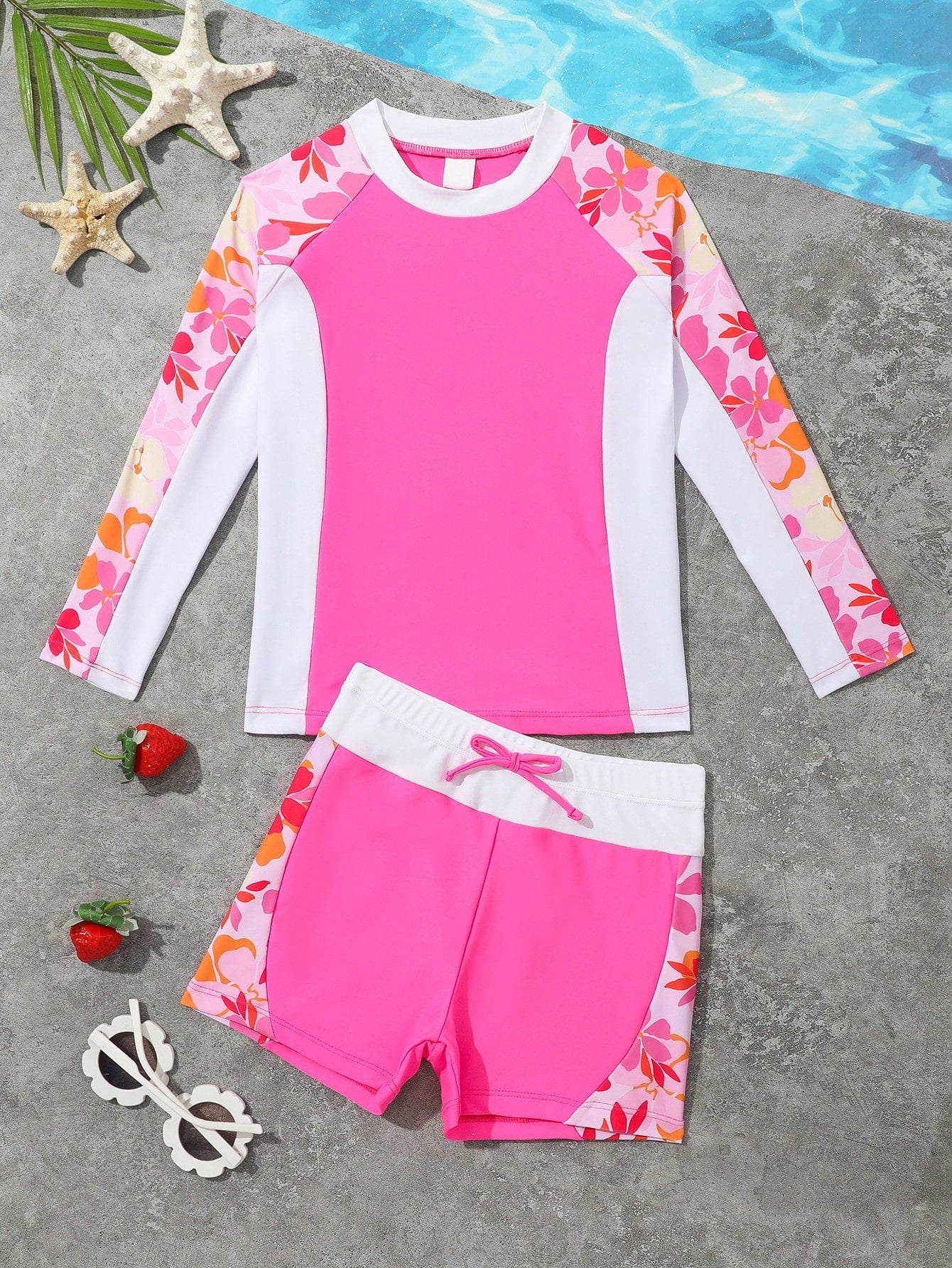 Young Girls' Floral Print Long Sleeve Rash Guard Tankini Swimsuit Set With Patchwork