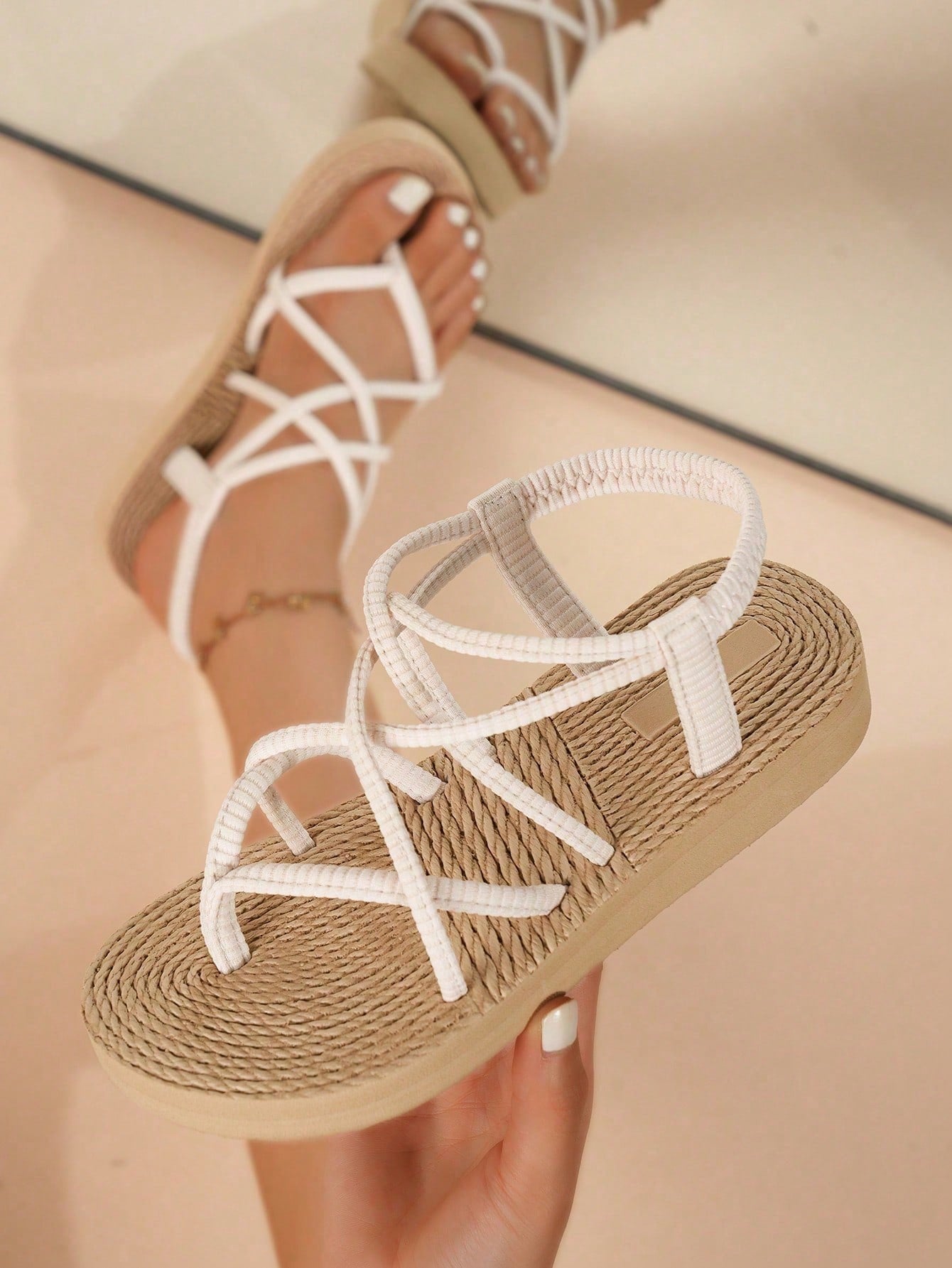 Women's Wedge Sandals With Thick Platform, Crossed Straps And Minimalist Design, Back Strap For Light And Elegant Look, Suitable For Beach Holiday