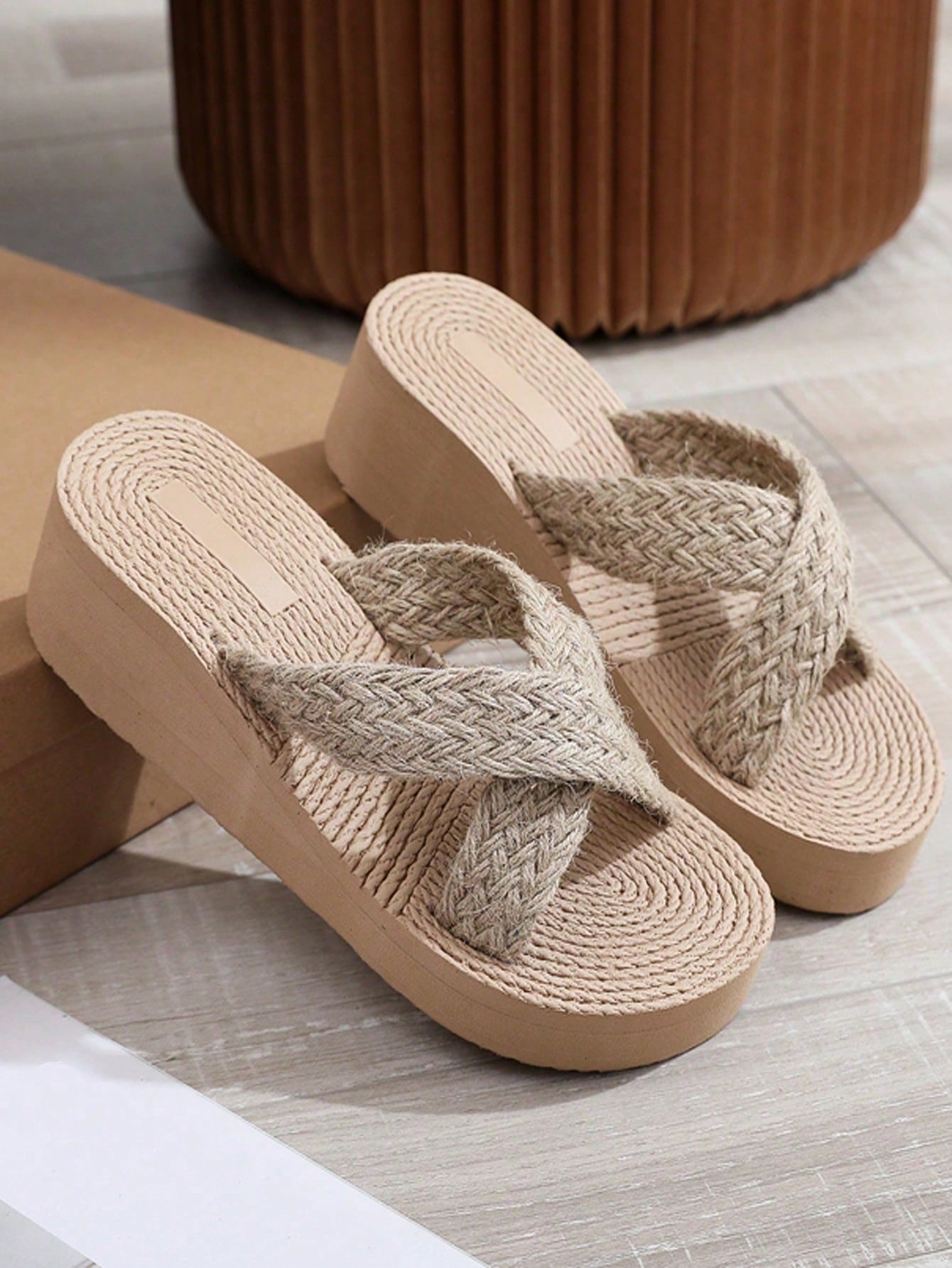 Women's Cross Strap Flat Sandals With Braided Rope, Simple Design And Platform Sole Suitable For All Seasons