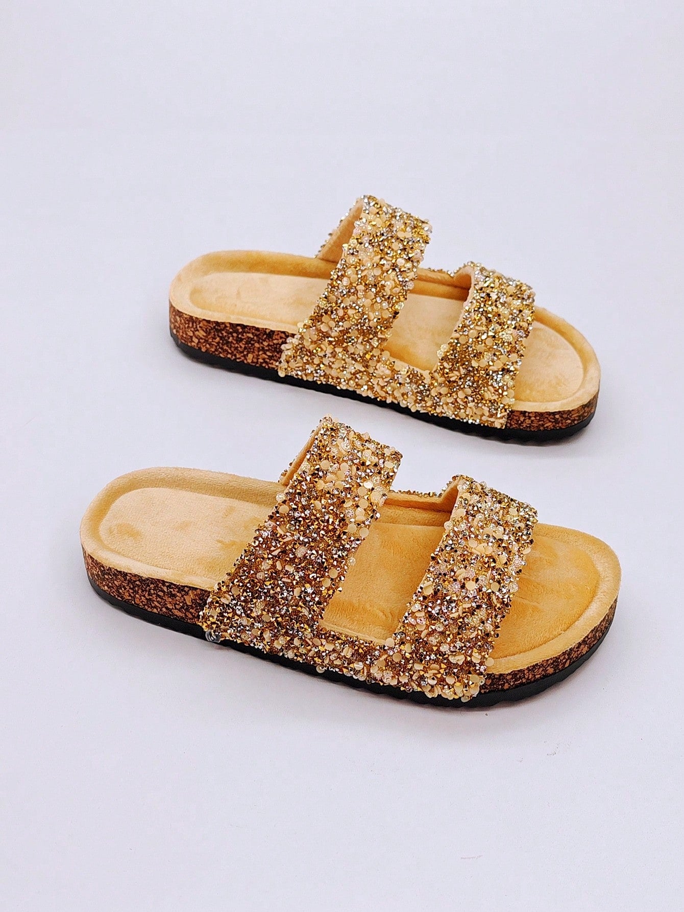 New Faux Cork Double Strap Slippers With Diamante Glitter, Soft & Cushioned