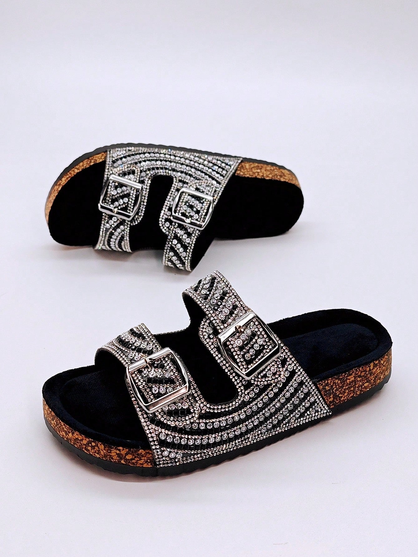 Black Sequin Decorated Fuzzy Slides Flat Sandals For Women, Beach Vacation Slippers