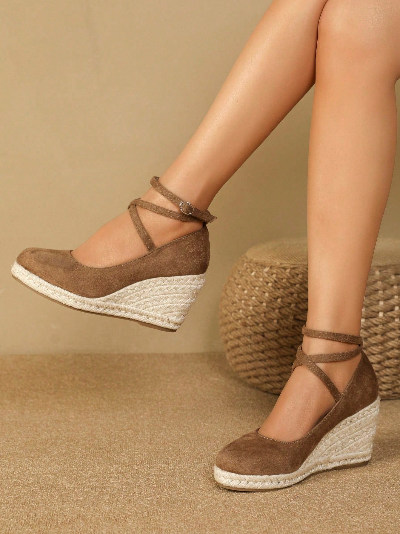 Women's Minimalist Ankle Strap Crisscross Espadrille Sandals, Vacation Synthetic Leather Ankle Strap Jute Sole Wedges